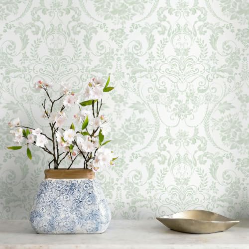 Peel and Stick Wallpaper for Bedroom Sage Green Damask Self-Adhesive - color: Green and White, size: 17.3" x 78.7"
