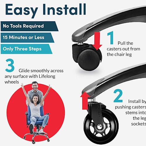 Lifelong Office Chair Wheels Replacement, Heavy Duty, 5-Pack, 98% Fits - color: Dark Black, size: 3 Inch