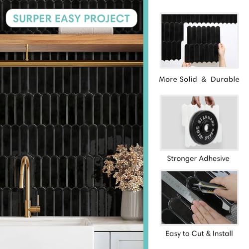Commomy Thicker 3D Peel and Stick Backsplash,10 Pcs 12" x 12" Black - color: Fish Scale Glossy Black & Thicker Design