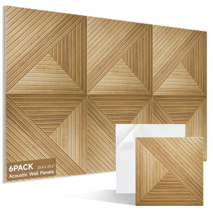 Acoustic Wall Panels, 6-Pack 23.62x23.62 in, Decorative Sound Absorbing Panels, Self-Adhesive for Wall/Ceiling, Noise Reduction Wall Art for Home Studio Office, Natural Oak - size: 6 Pack-23.6"*23.6"