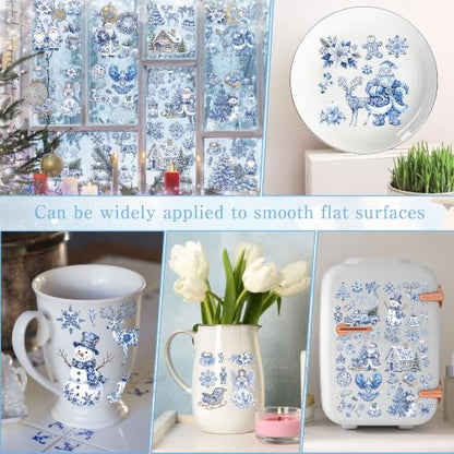 UV DTF Winter Rub on Transfers, 12 Pcs Blue Porcelain Furniture Decals - style: Blue Porcelain