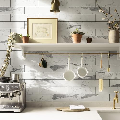 Vamos Tile Peel & Stick Backsplash on Subway Tile,40-Pack 3''x12'',Glossy - color: Statury White with Dark Gray Grout