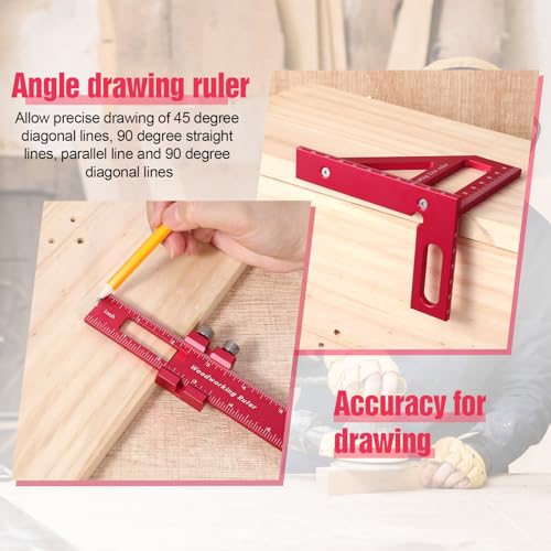 4 Pcs Woodworking Ruler, Metal Precision Pocket Rulers 12, 8, 6 Inch with 3D Multi Angle Measuring Ruler 45/90 Degree for Precision Measuring Marking Inch and Metric