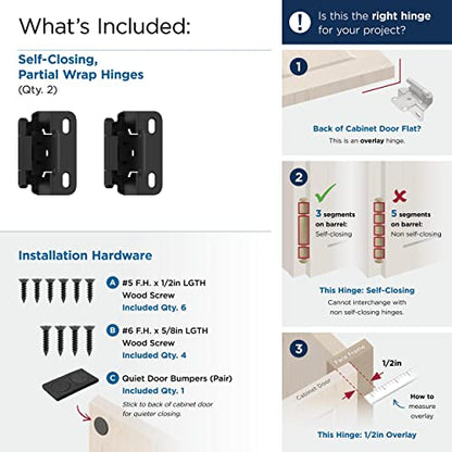 Amerock 1 Pair 1/2" Overlay Matte Black Partial Wrap Cabinet Hinge - color: Matte Black, size: 1/2 Inch (13 mm) Overlay
