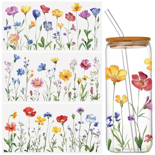 WANDIC 3 Sheets Transfer Sticker for Furniture UV 3D DTF Scrapbook Rub on Transfer Decal Robin Horizontal Floral Pattern Waterproof,for Cabinets Tables Decor,15x30cm - color: Colorful Wildflowers and Flower Clusters