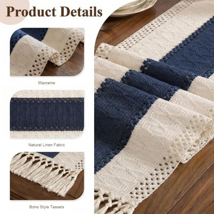 Boho Macrame Table Runner with Tassels 36in Blue Farmhouse Runner - color: White & Blue, size: 12'' x 36''