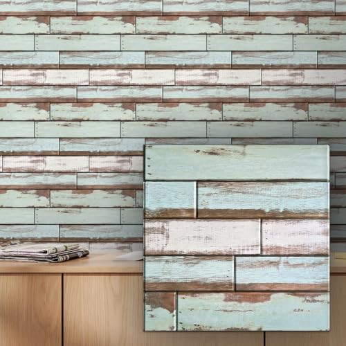 COMSTICKC 3D Peel and Stick Faux Wood Wall Sticker, 10 Pcs 11.8" x 11.8" - color: Green