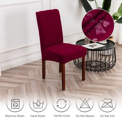 Waterproof Dining Room Chair Covers, Stretch Parsons Chair Slipcovers - color: Flower Pattern-wine Red, size: Large-4 Pack