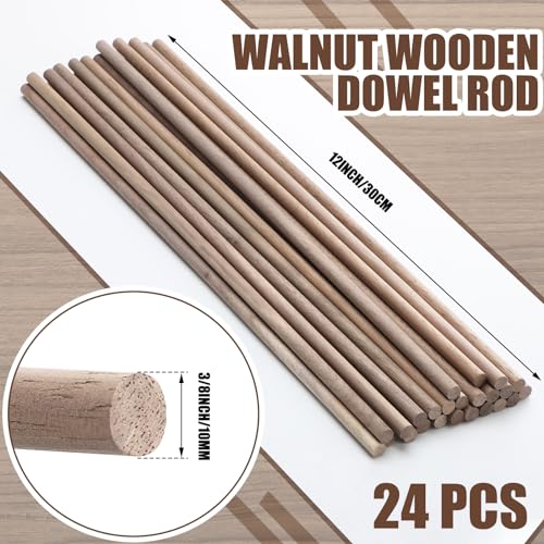 Wenqik 24 Pcs Walnut Dowel Rods 3/8 x 12 Inch Hardwood Stick for DIY Craft - size: 3/8 x 12 Inch