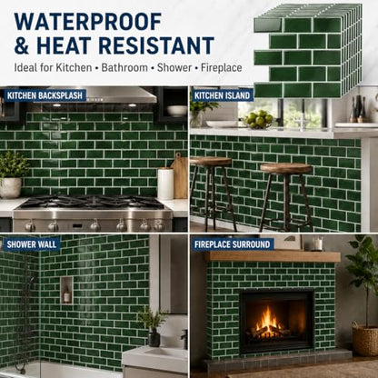 Zimtty Green Peel and Stick Backsplash Tile, 10 Sheets 12 x 12 Inch Self Adhesive 3D Wall Panels, Thick Subway Tile Stick on Wall Panels for Kitchen, Bathroom, RV, Fireplace - color: Green