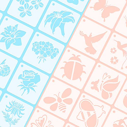 Augshy 56 Pack Flower Stencils for Painting, Butterfly and Bird, 3 Inch - style: Flowering Plants