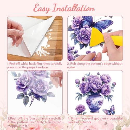 Peacoblue Purple Flowers Rub On Transfers for Furniture Craft 6"x12" - style: Bright Purple Flowers