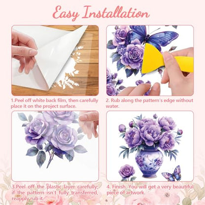 Peacoblue Purple Flowers Rub On Transfers for Furniture Craft 6"x12" - style: Bright Purple Flowers