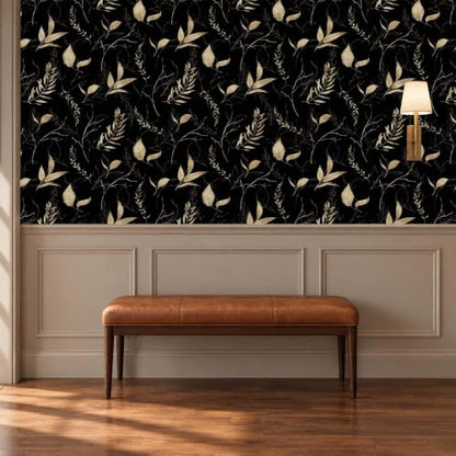 Dark Black and Gold Leaf Peel and Stick Wallpaper 17.7" x 354" - color: Black&Gold, size: 17.7" x 354"