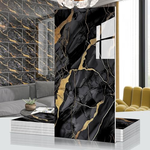 Marble Peel and Stick Backsplash 23.6 x11.8 in, 10PCS - color: Black Stone Gilding