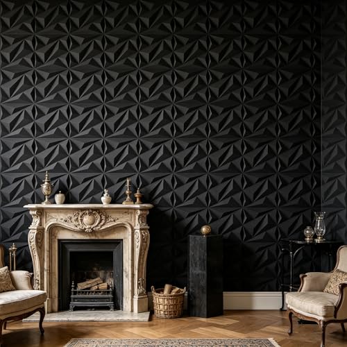 3D Wall Panels 33 Pack, 12×12 Inch Black Diamond Textured PVC Wall Panels, 32 Sq.Ft Coverage, Modern 3D Decorative Wall Tiles, Interior Accent Wall Panels for Living Room, Bedroom,Office, Hotel