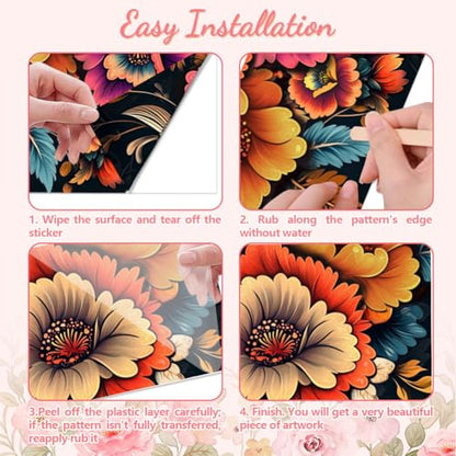 Peacoblue Boho Colorful Flowers Rub On Transfers for Furniture Craft 6"x12" - style: Bohemian Colorful Flowers