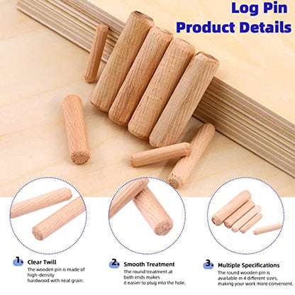 Glarks 508Pcs 1/4" 5/16" 3/8" 1/2" Wooden Dowel Pins Beveled Ends Fluted Dowel with 6/8/10/12MM Solid Hollow Dowel Tenon Center Transfer Plugs Set for Easy Insertion Furniture Door Crafts Projects
