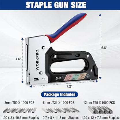 WORKPRO Upholstery Staple Gun, 3-in-1 Heavy Duty Staple Gun with Safety Lock, Includes 3000 pcs Staples, Manual Brad Nailer for Wood, Crafts, Upholstery, Carpentry, Decoration DIY, Furniture