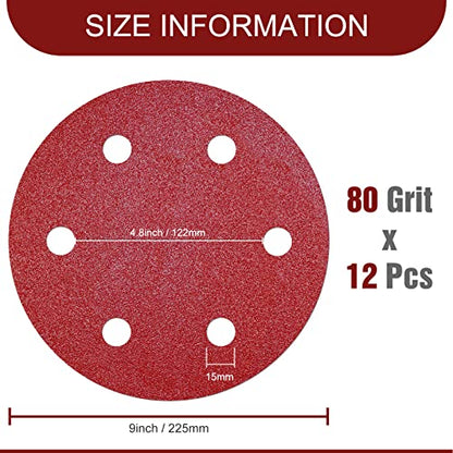 Awutzut 9 Inch 6 Hole Sanding Discs 80 Grit Hook and Loop for Drywall Sander 12PCS - style: 80 Grit