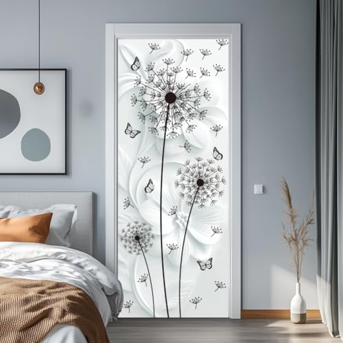 arricraft 2 Sheets Black Dandelions Self-Adhesive Door Sticker, 31.5x78.7inch Flower Butterflies Door Murals Stickers PVC Removable Wallpaper Decoration for Bedrooms Living Room - style: Dandelions