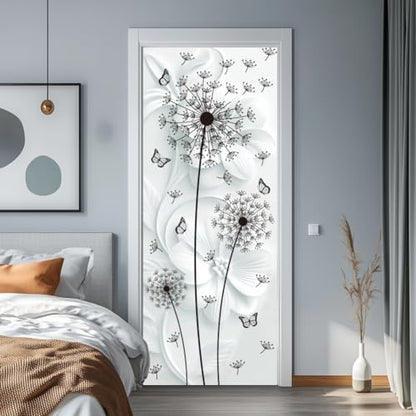 arricraft 2 Sheets Black Dandelions Self-Adhesive Door Sticker, 31.5x78.7inch Flower Butterflies Door Murals Stickers PVC Removable Wallpaper Decoration for Bedrooms Living Room - style: Dandelions