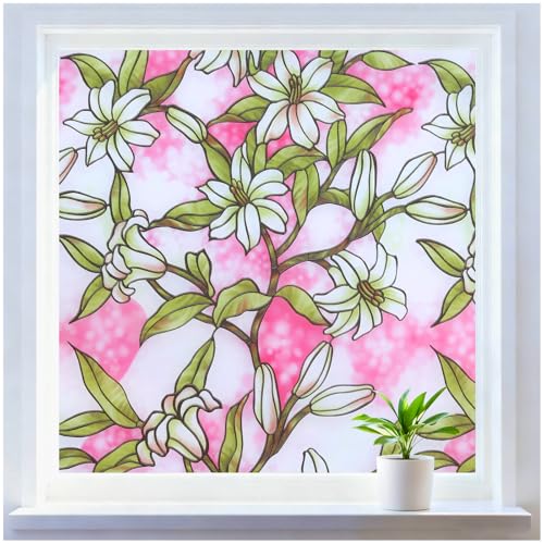 rabbitgoo Stained Glass Window Privacy Film, Pink Lily, 17.5" X 78.7" - color: Pink Lily, size: 17.5" x 78.7"