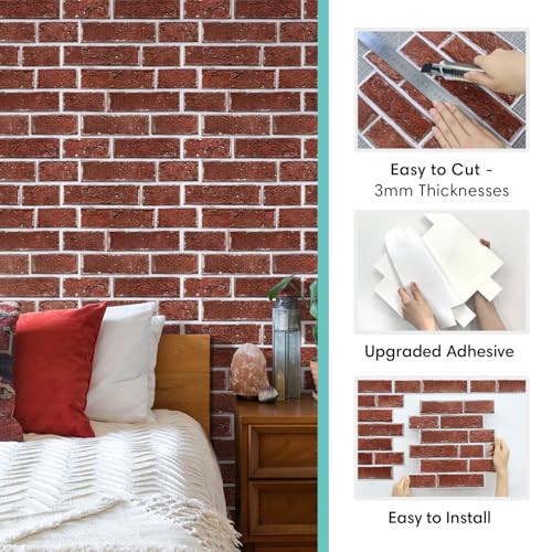 Commomy Faux Brick Panels Peel and Stick Wall Stickers 10 Pcs 11.8" x 11.8" - color: Brick-WR
