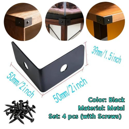 4 Pcs Black Metal Corner Protector, Decorative Right Angle Corner Brackets for Furniture, Table, Wood Boxes, Barn Door, Wood Frame, Trunk, Desk, Box - Guards Edge Cover