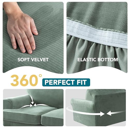 T Cushion Sofa Slipcover 3 Piece Sofa Covers for 2 Large Cushion Couch Thick Velvet Couch Cover Stretch Furniture Covers with 2 Individual T Cushion Covers, Washable (2 Cushion Sofa, Sea Grass) - color: Sea Grass, size: Sofa (2 Cushion)