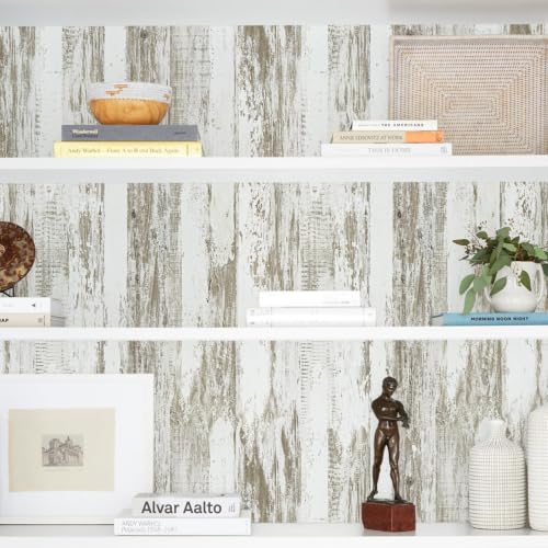 WENMER White and Brown Rustic Wood Grain Wallpaper, 17.3" x 590". Peel and Stick, Waterproof, Multi-Surface Use - size: 590" x 17.3"