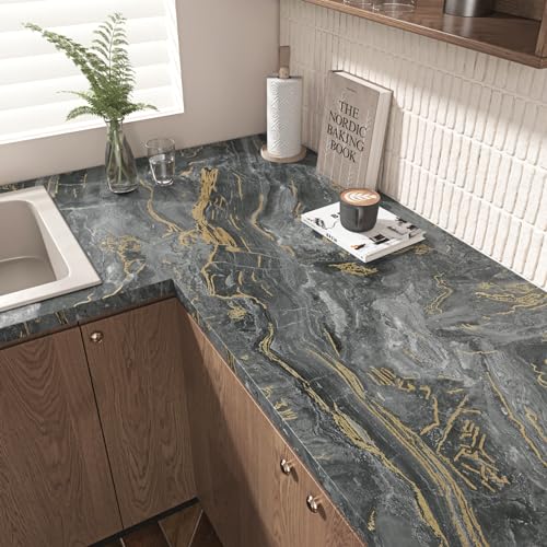 Wallercity Matte Black Gold Marble Contact Paper Counter Top Peel and Stick Waterproof 15.8"x236" Gold Marble Wallpaper Vinyl Self Adhesive Granite Contact Paper for Cabinets Countertops Kitchen - color: Black/Gold, size: 15.8" x 236"
