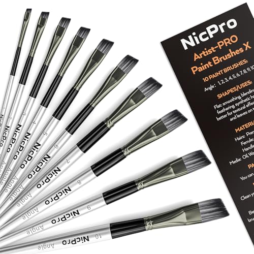 Nicpro 10 PCS Angular Paint Brush Set, Nylon Hair Angled Paint Brushes for Acrylic, Watercolor, Oil, Gouache, Craft, Detail Face Body Art Painting, Base Coating, Artist Paintbrush Kit for Kid & Adult - size: 10PCS - Angular