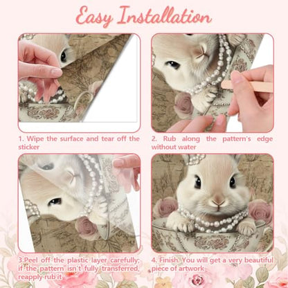 Peacoblue Teacup Bunny Rub On Transfers for Furniture 6"x12" - style: Vintage Teacup Bunny and Roses