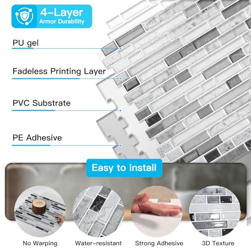 Art3d Linear Design Tile Peel and Stick Backsplash, 10-Sheet, Carrara Grey - color: Carrara Grey, size: 12 x 12 Inch
