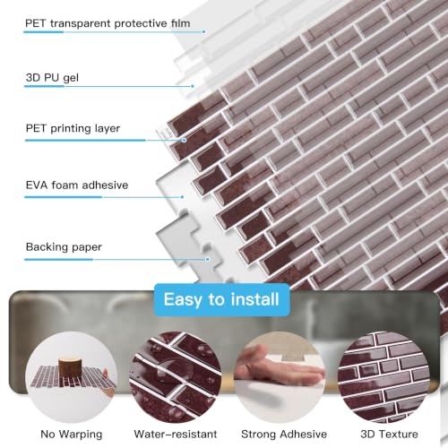 Art3d Linear Tile Peel and Stick Backsplash, 10-Pack, Dark Burgundy - color: Dark Burgundy, size: 12 x 12 Inch