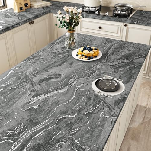 Matte Black Marble Contact Paper Silver Granite Peel and Stick Wallpaper for Countertops Vinyl Waterproof Self Adhesive Wallpaper for Kitchen Bathroom Decorative Film for Cabinets 15.8x78.7 Inch - color: Silver/Black, size: 15.8" x 78.7"