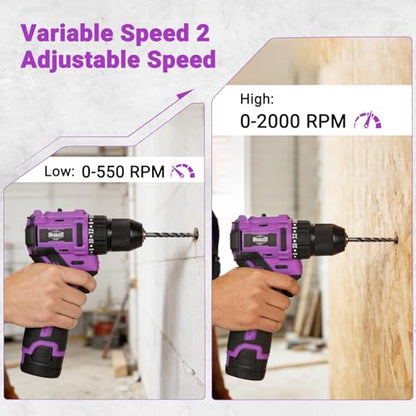Purple Brushless Cordless Drill Set, 12V Compact Power Driver Kit with Electric Motor, Torque Setting, 50 N.m, 2 Variable Speed, Driver Bits, and Tool Box for Women Men Home DIY