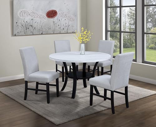 5pc Black,White Round Dining Table Marble Like Tabletop Gray Fabric Upholstery Chairs Dining Set Dining Room Furniture