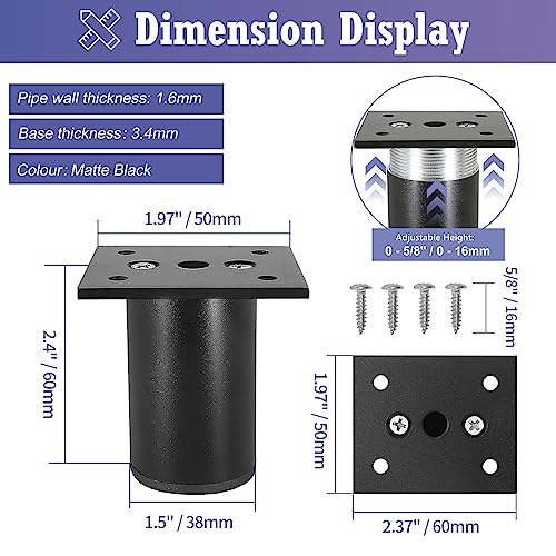 Aluminum Alloy Adjustable Furniture Legs 2.4 Inch / 60mm - Black - 4Pcs - size: 2.4 Inch
