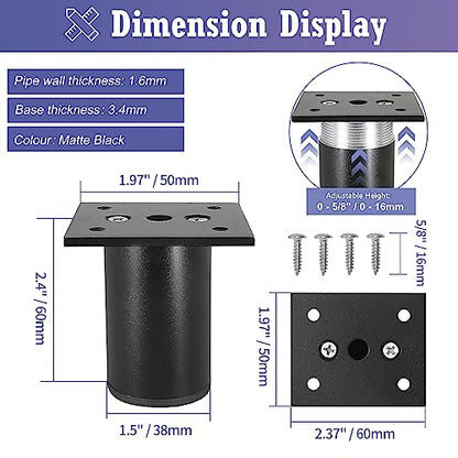 Aluminum Alloy Adjustable Furniture Legs 2.4 Inch / 60mm - Black - 4Pcs - size: 2.4 Inch