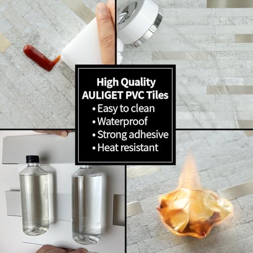 AULIGET 2 Sheets Faux Stone Peel and Stick Backsplash, Beige Stone Look PVC Wall Tile Stick on Backsplash for Kitchen and Bathroom - color: Beige Stone + Metal Gold, size: 2 Sheets, 6"x12"x0.12"