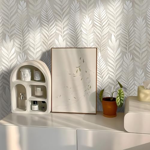 17.32" X 195.85"Beige Peel and Stick Wallpaper Modern Boho Leaf Wall paper - size: 17.3" x 196.9"