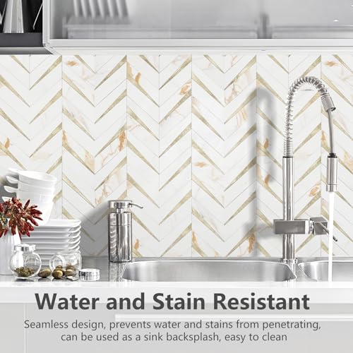 STICKGOO Herringbone Tile Peel and Stick Backsplash for Kitchen&Bathroom - color: Calacatta Marble Mixed Light Gold