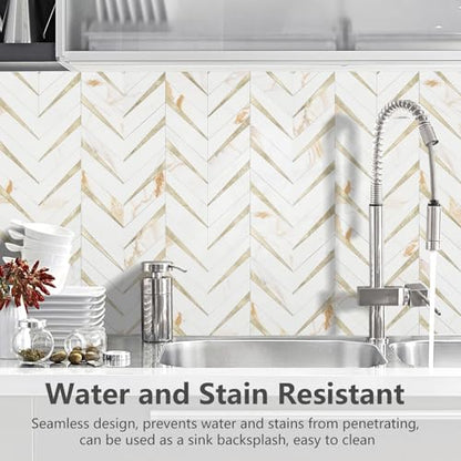 STICKGOO Herringbone Tile Peel and Stick Backsplash for Kitchen&Bathroom - color: Calacatta Marble Mixed Light Gold