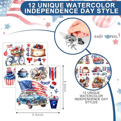 Whaline 12 Sheets Patriotic Rub on Transfer for Crafts Watercolor 4th of July Rub on Transfer Stickers Furniture Decals for 250th Anniversary Independence Day Party DIY Crafts, 5.5 x 5.5 Inch
