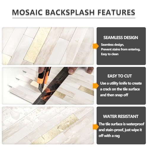STICKGOO 20 Sheets Peel and Stick Backsplash Tile, Stick on Backsplash for Kitchen and Bathroom, Glossy Eurasian Wood Grain PVC Mixed Metal Gold Self Adhesive Wall Tiles - color: Glossy Eurasian Wood Grain + Metal Gold