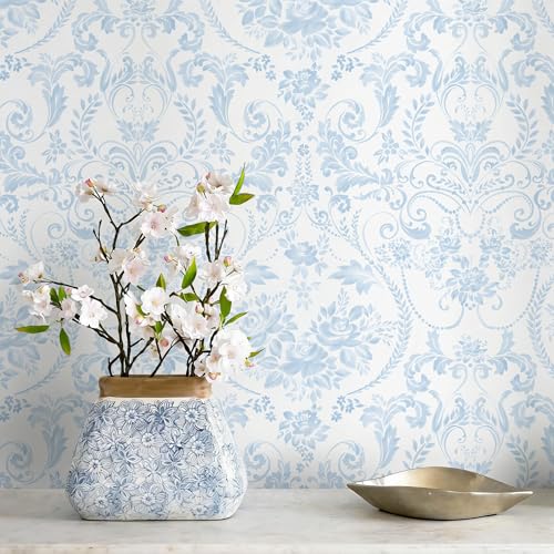 Peel and Stick Wallpaper for Bedroom Blue and White Damask Waterproof - color: Blue and White, size: 17.3" x 78.7"