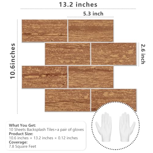 STICKGOO 10-Sheet Backsplash Peel and Stick Subway Tile(Thicker Design, Faux Red Travertine) - color: Red Travertine