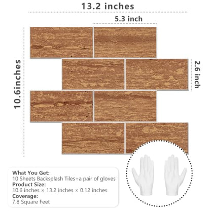 STICKGOO 10-Sheet Backsplash Peel and Stick Subway Tile(Thicker Design, Faux Red Travertine) - color: Red Travertine